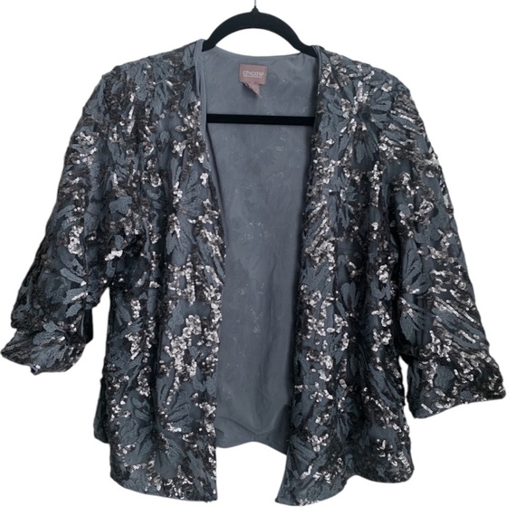 Chico's Gray Sequin Jacket Size 1 (Medium/8) Embroidered Top Embellished - Picture 1 of 8